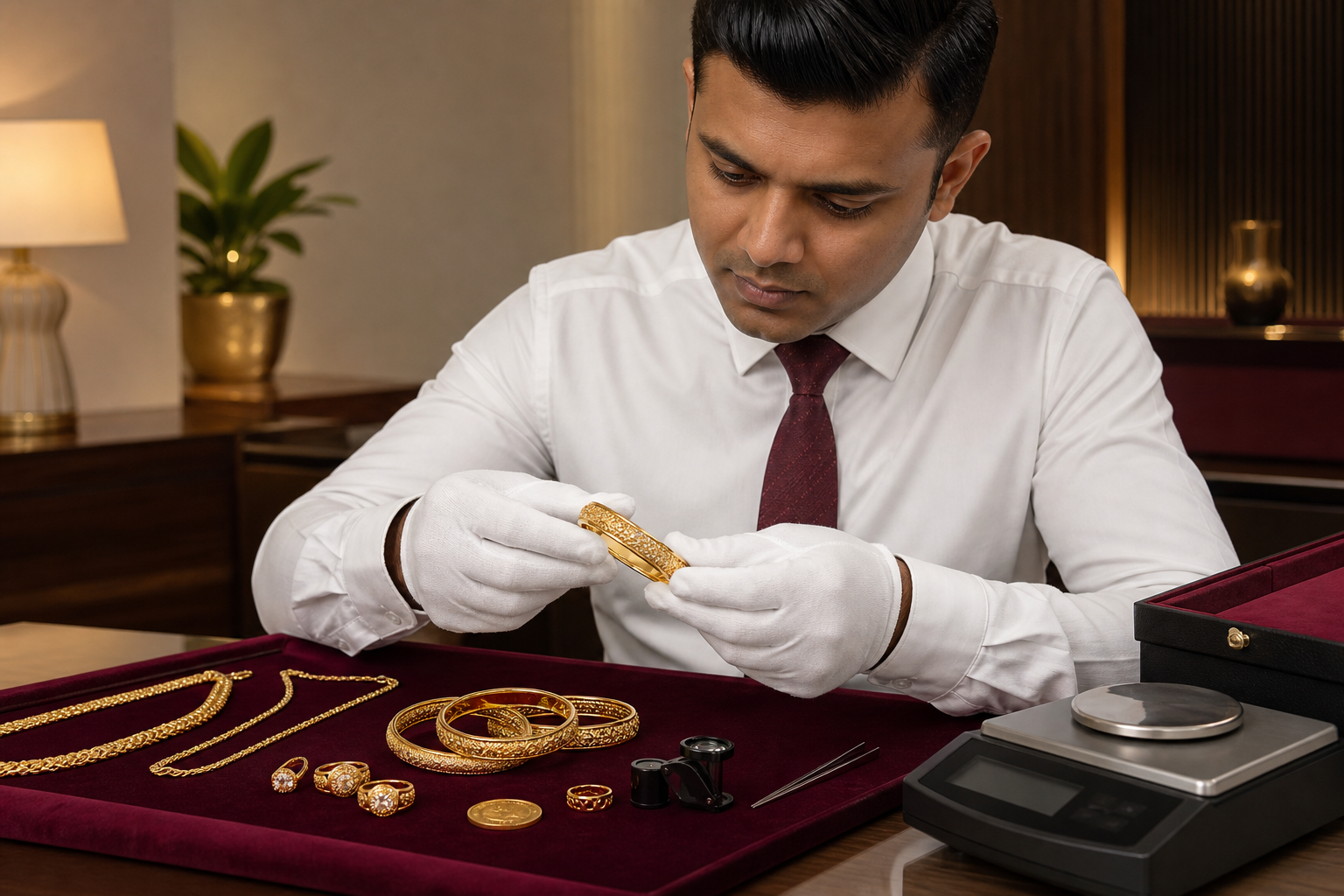 Gold specialist professionally valuing gold jewellery
